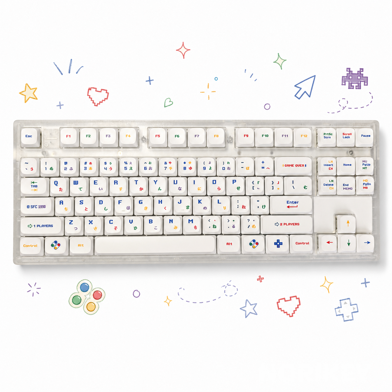 Low-profile keycaps, colorful novelty legends