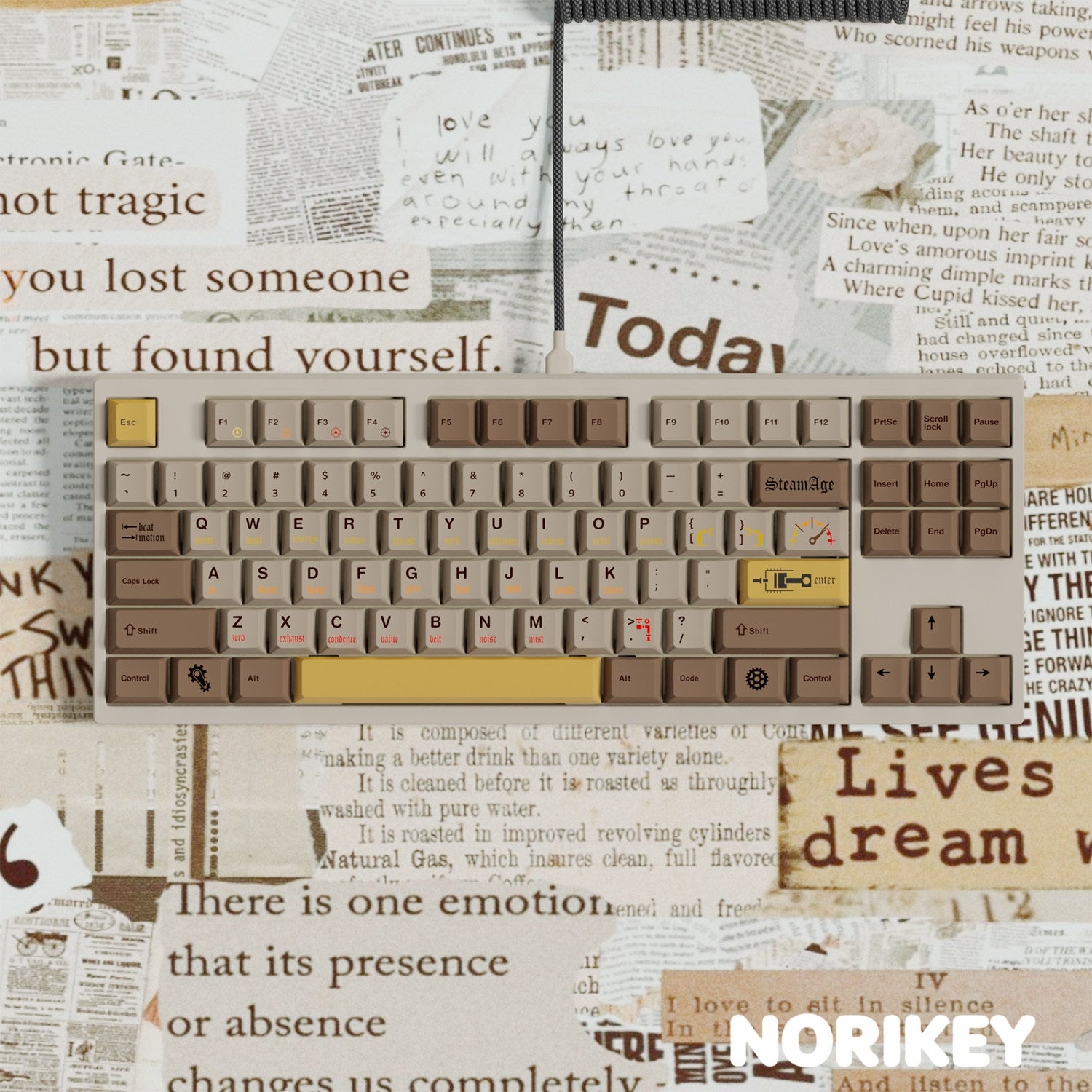 NORIKEY retro brown and yellow mechanical keyboard.