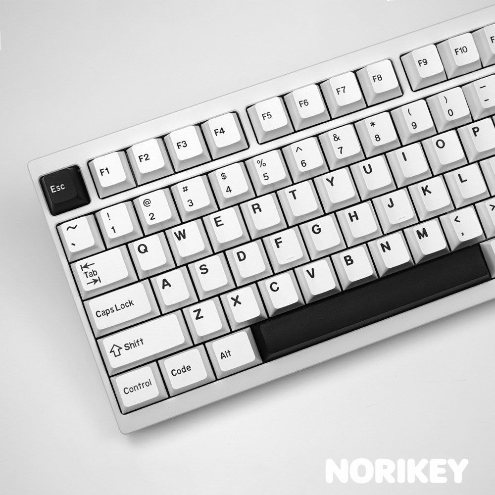 Close-up of a doubleshot black legend moulded through a white PBT keycap