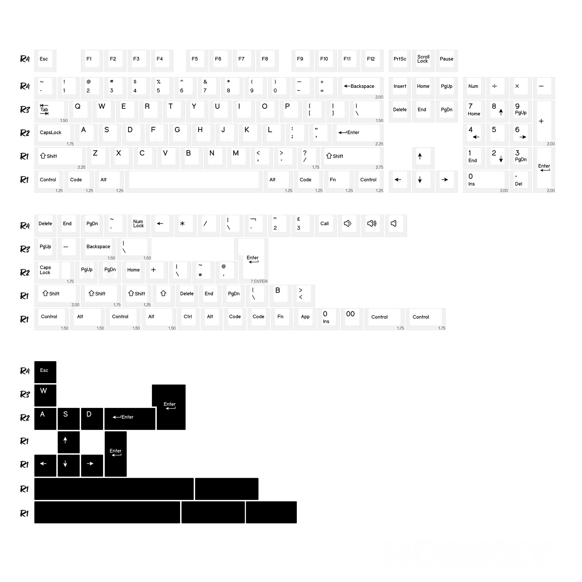 Black and white keycap set installed on a 60 percent mechanical keyboard