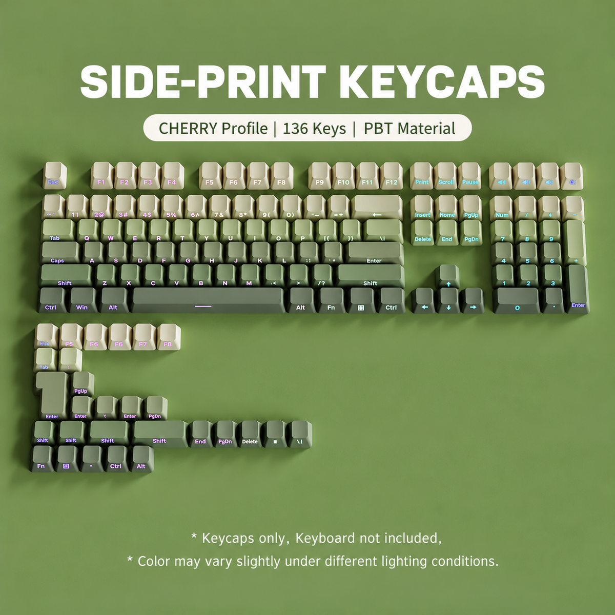 Side-printed green keycaps