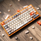 Norikey Weather Theme PBT keycaps on a mechanical keyboard, orange and white aesthetic, 1.7mm thick Cherry Profile set.