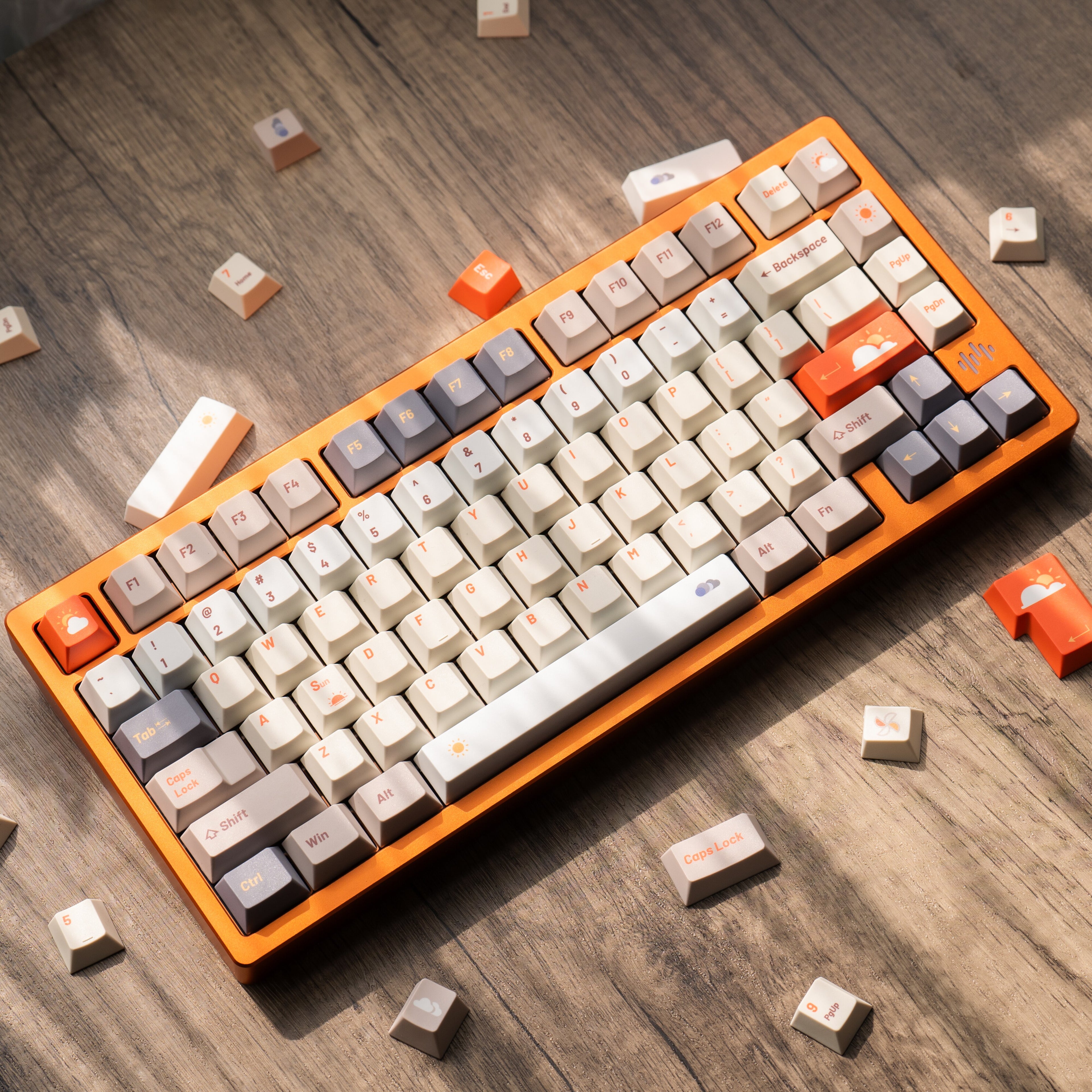 Norikey Weather Theme PBT keycaps on a mechanical keyboard, orange and white aesthetic, 1.7mm thick Cherry Profile set.