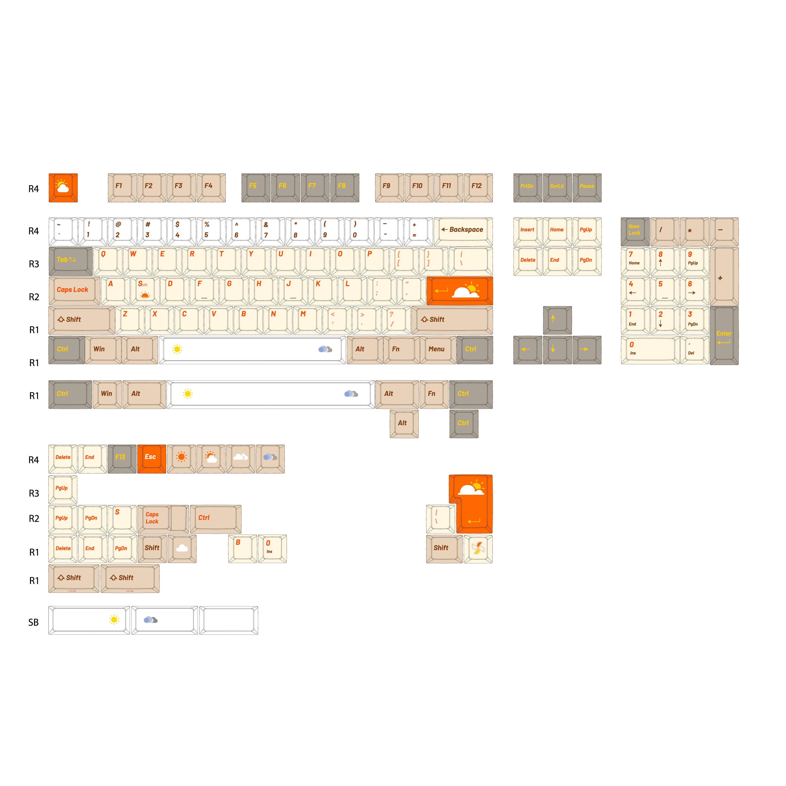 High-end mechanical keyboard with Norikey Weather Theme PBT keycaps, featuring textured matte finish and orange grey colorway.