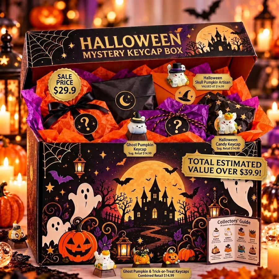 Halloween Mystery Keycap Box open with wrapped surprise packages